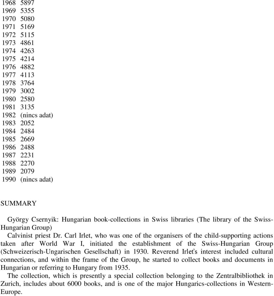 Carl Irlet, who was one of the organisers of the child-supporting actions taken after World War I, initiated the establishment of the Swiss-Hungarian Group (Schweizerisch-Ungarischen Gesellschaft) in