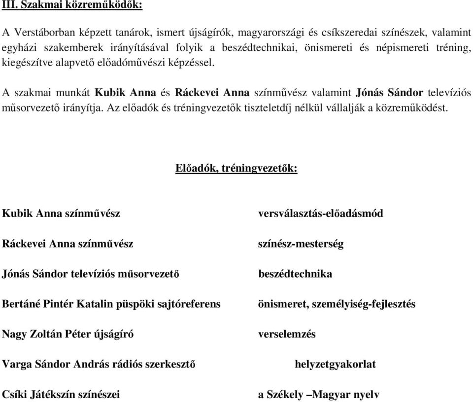 Az előadók és tréningvezetők tiszteletdíj nélkül vállalják a közreműködést.