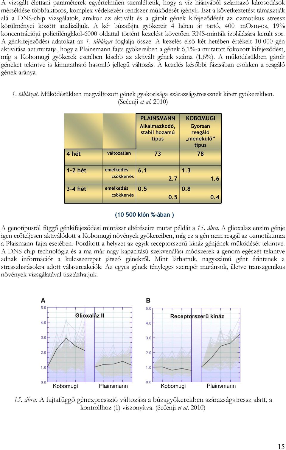 A két búzafajta gyökereit 4 héten át tartó, 400 mosm-os, 19% koncentrációjú polietilénglikol-6000 oldattal történt kezelést követően RNS-minták izolálására került sor. A génkifejeződési adatokat az 1.