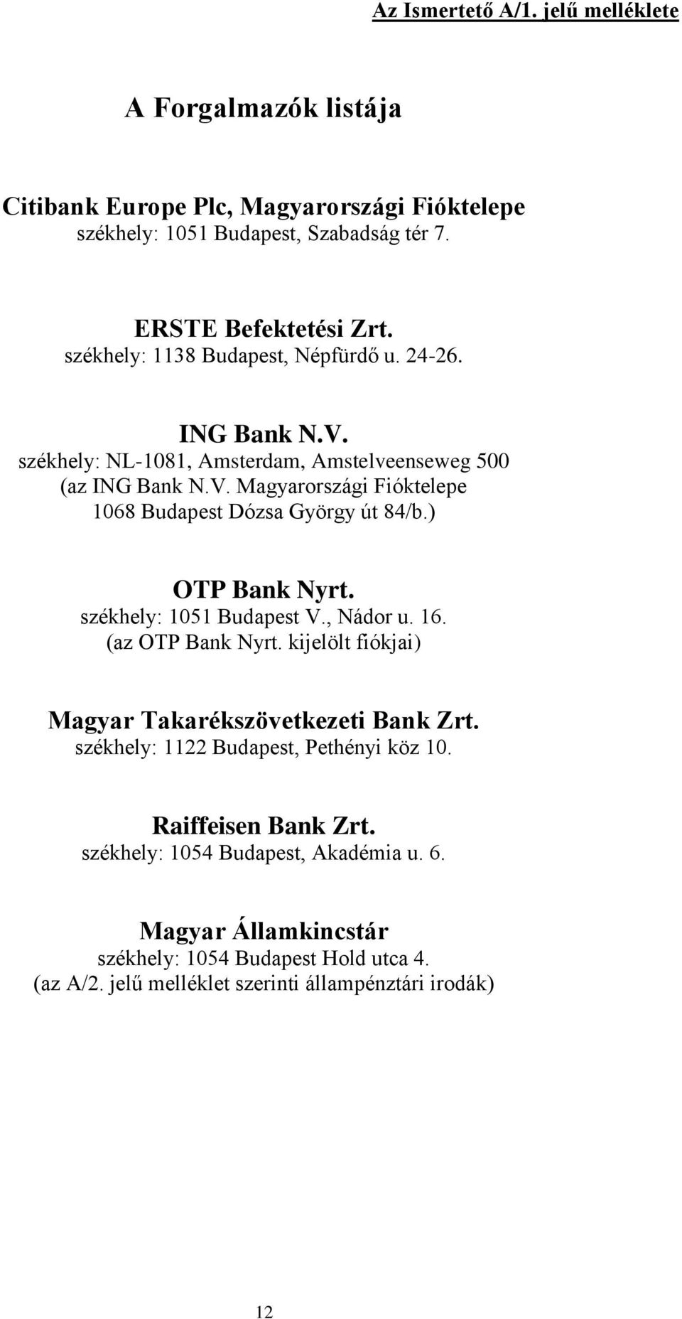 ) OTP Bank Nyrt. székhely: 1051 Budapest V., Nádor u. 16. (az OTP Bank Nyrt. kijelölt fiókjai) Magyar Takarékszövetkezeti Bank Zrt. székhely: 1122 Budapest, Pethényi köz 10.