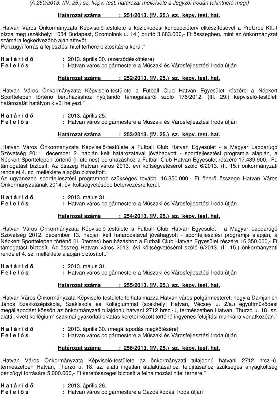 Pénzügyi forrás a fejlesztési hitel terhére biztosításra kerül. : 2013. április 30. (szerződéskötésre) : 252/2013. (IV. 25.) sz. képv. test. hat.