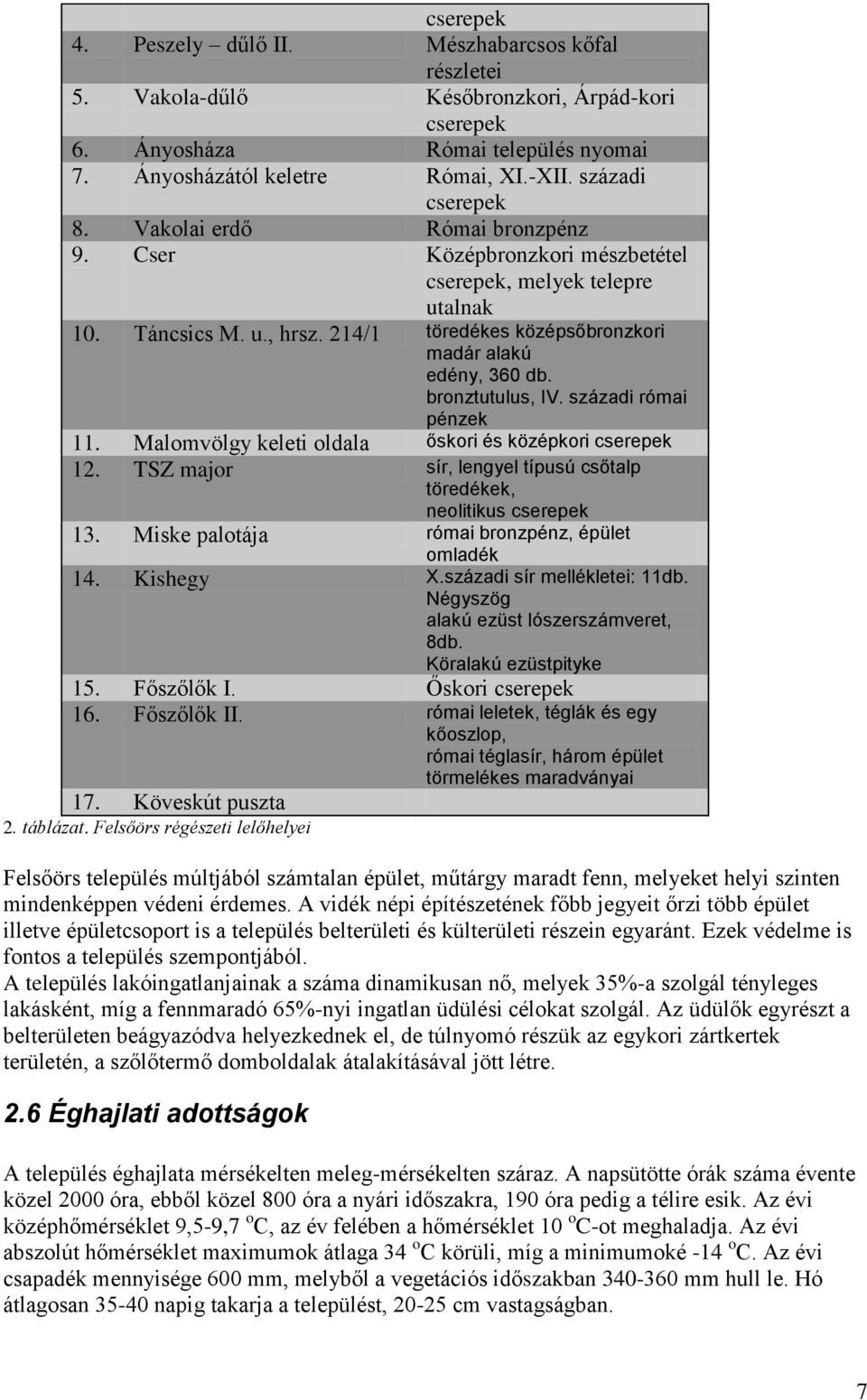 századi ómai pénzek 11. Malomvölgy keleti oldala őskoi és középkoi cseepek 12. TSZ majo sí, lengyel típusú csőtalp töedékek, neolitikus cseepek 13. Miske palotája ómai bonzpénz, épület omladék 14.