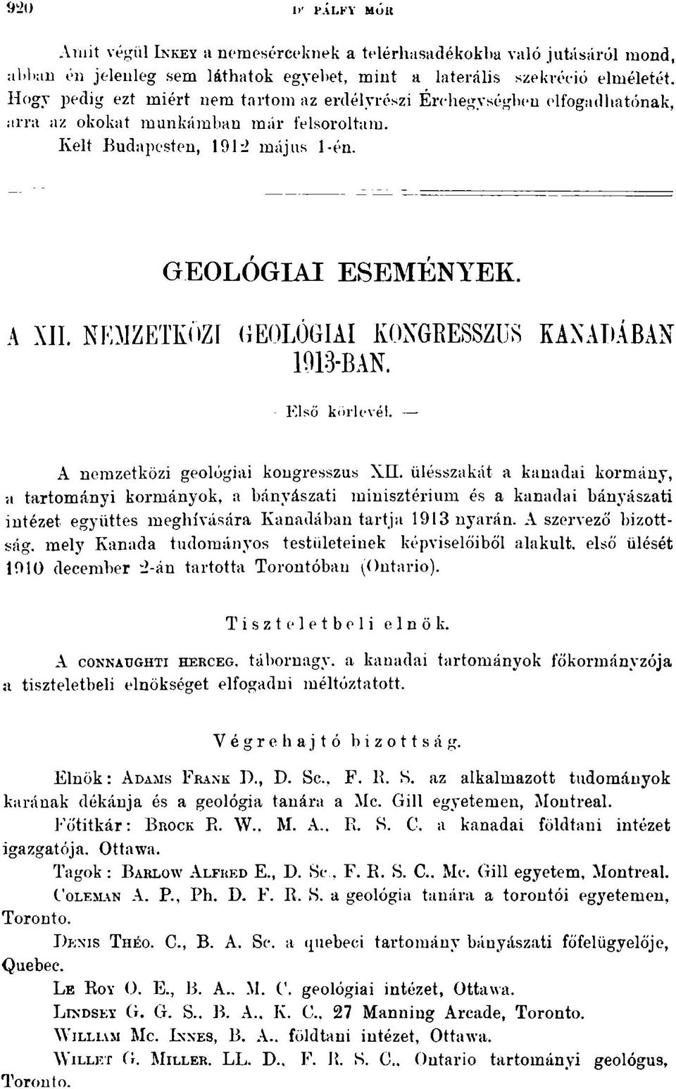 NEMZETKÖZI GEOLÓGIAI KONGRESSZUS KANADÁBAN 1013-BAN. Első körlevél. A nemzetközi geológiai kongresszus XH.