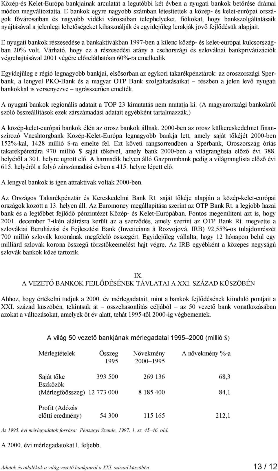 lehetőségeket kihasználják és egyidejűleg lerakják jövő fejlődésük alapjait. E nyugati bankok részesedése a bankaktívákban 1997-ben a kilenc közép- és kelet-európai kulcsországban 20% volt.