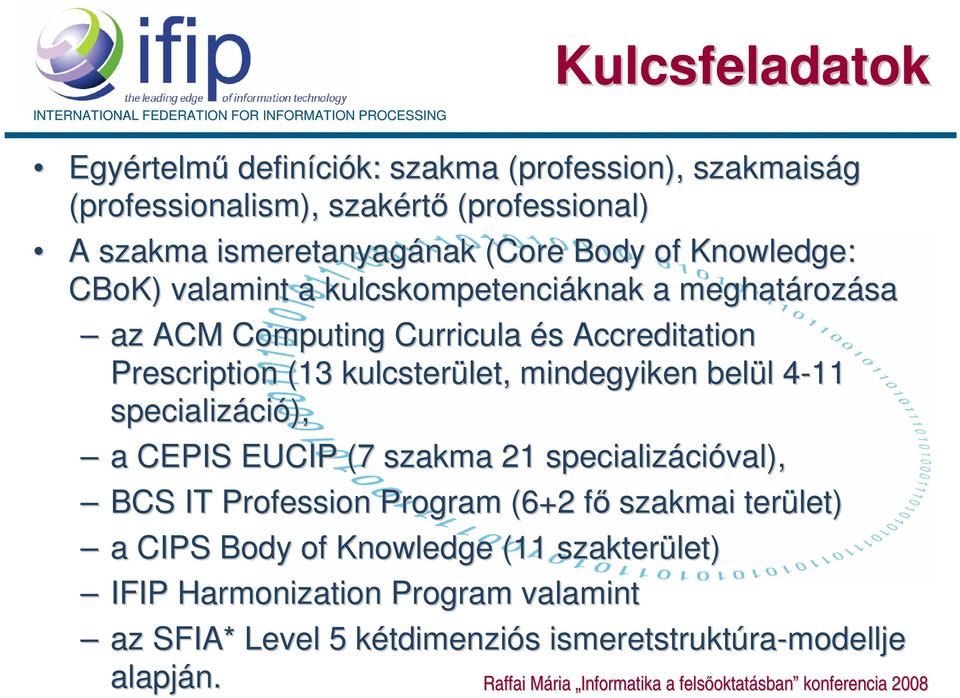 mindegyiken belül l 4-114 specializáci ció), a CEPIS EUCIP (7 szakma 21 specializáci cióval), BCS IT Profession Program (6+2 főf szakmai terület) a CIPS Body of Knowledge