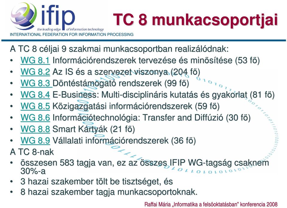 4 E-Business: Multi-disciplin disciplináris kutatás és s gyakorlat (81 fő) f WG 8.5 Közigazgatási informáci ciórendszerek (59 fő) f WG 8.