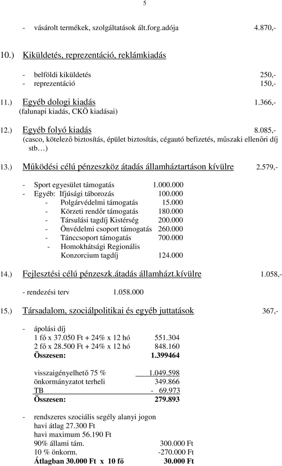 ) Működési célú pénzeszköz átadás államháztartáson kívülre 2.579,- - Sport egyesület támogatás 1.000.000 - Egyéb: Ifjúsági táborozás 100.000 - Polgárvédelmi támogatás 15.