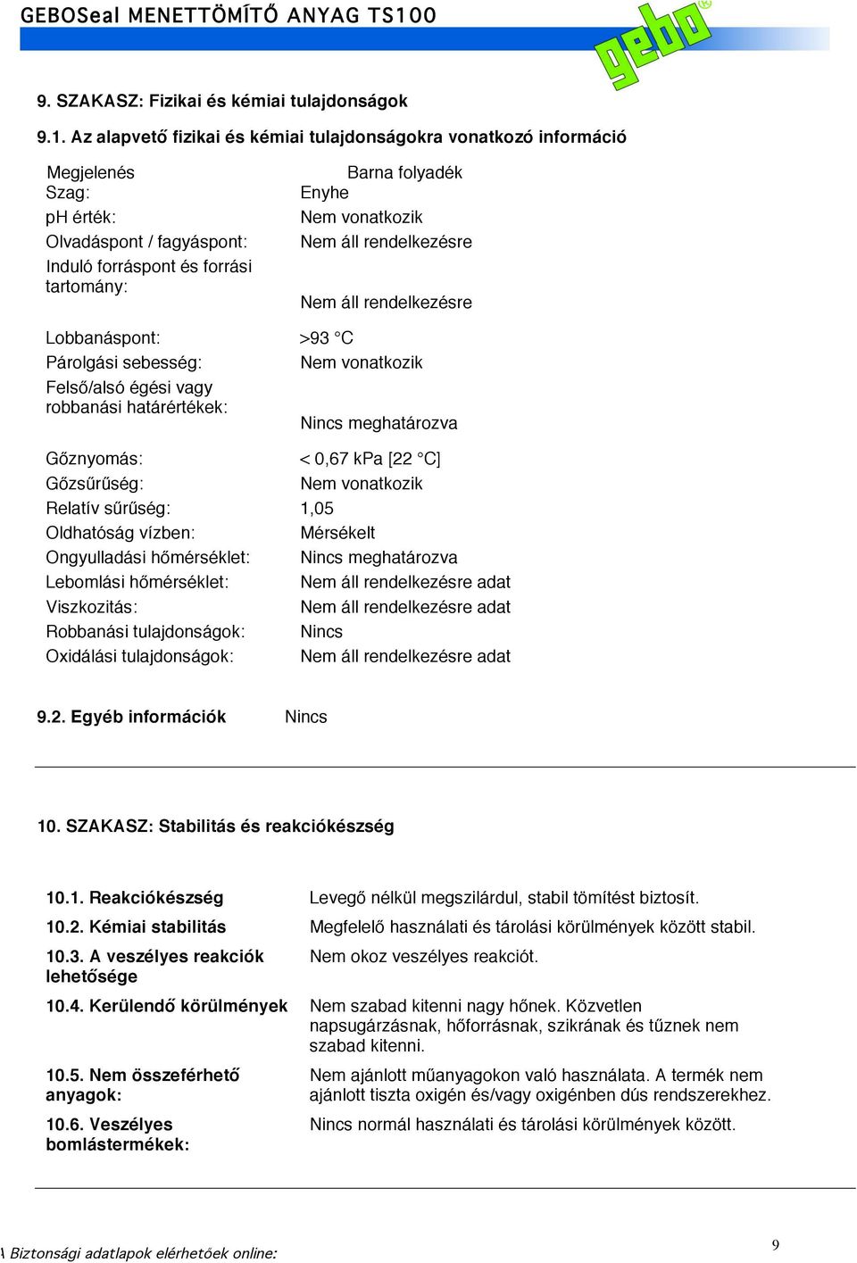 Az alapvető fizikai és kémiai tulajdonságokra vonatkozó információ Megjelenés Szag: ph érték: Olvadáspont / fagyáspont: Induló forráspont és forrási tartomány: Barna folyadék Enyhe Nem vonatkozik Nem