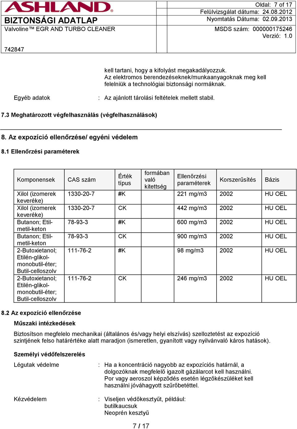 1 Ellenőrzési paraméterek Komponensek Xilol (izomerek keveréke) Xilol (izomerek keveréke) Butanon; Etilmetil-keton Butanon; Etilmetil-keton 2-Butoxietanol; Etilén-glikolmonobutil-éter;