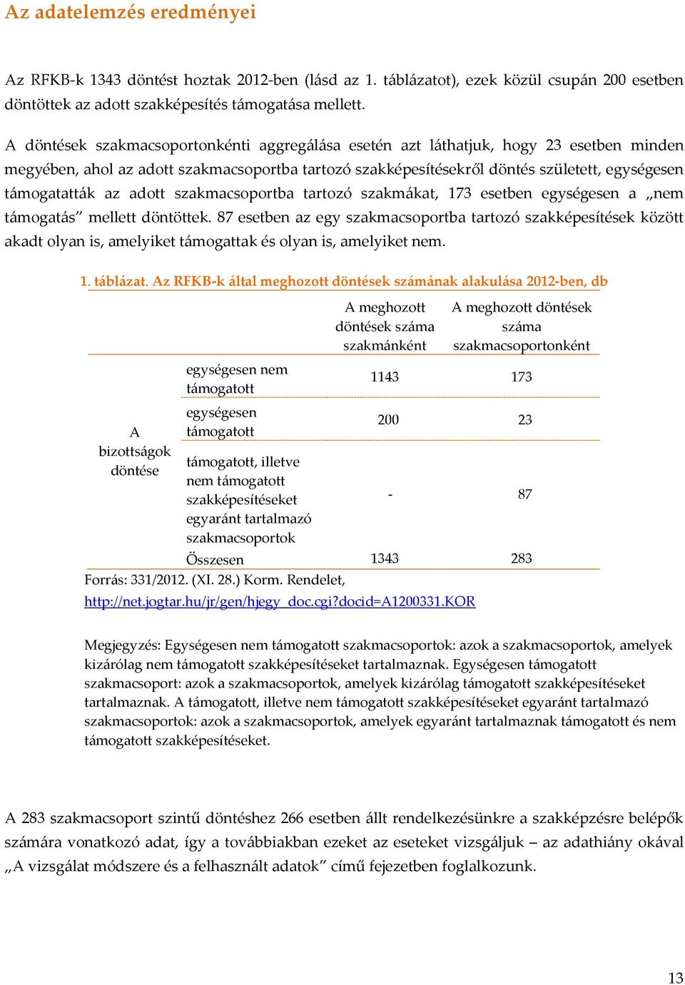 az adott szakmacsoportba tartozó szakmákat, 173 esetben egységesen a nem támogatás mellett döntöttek.