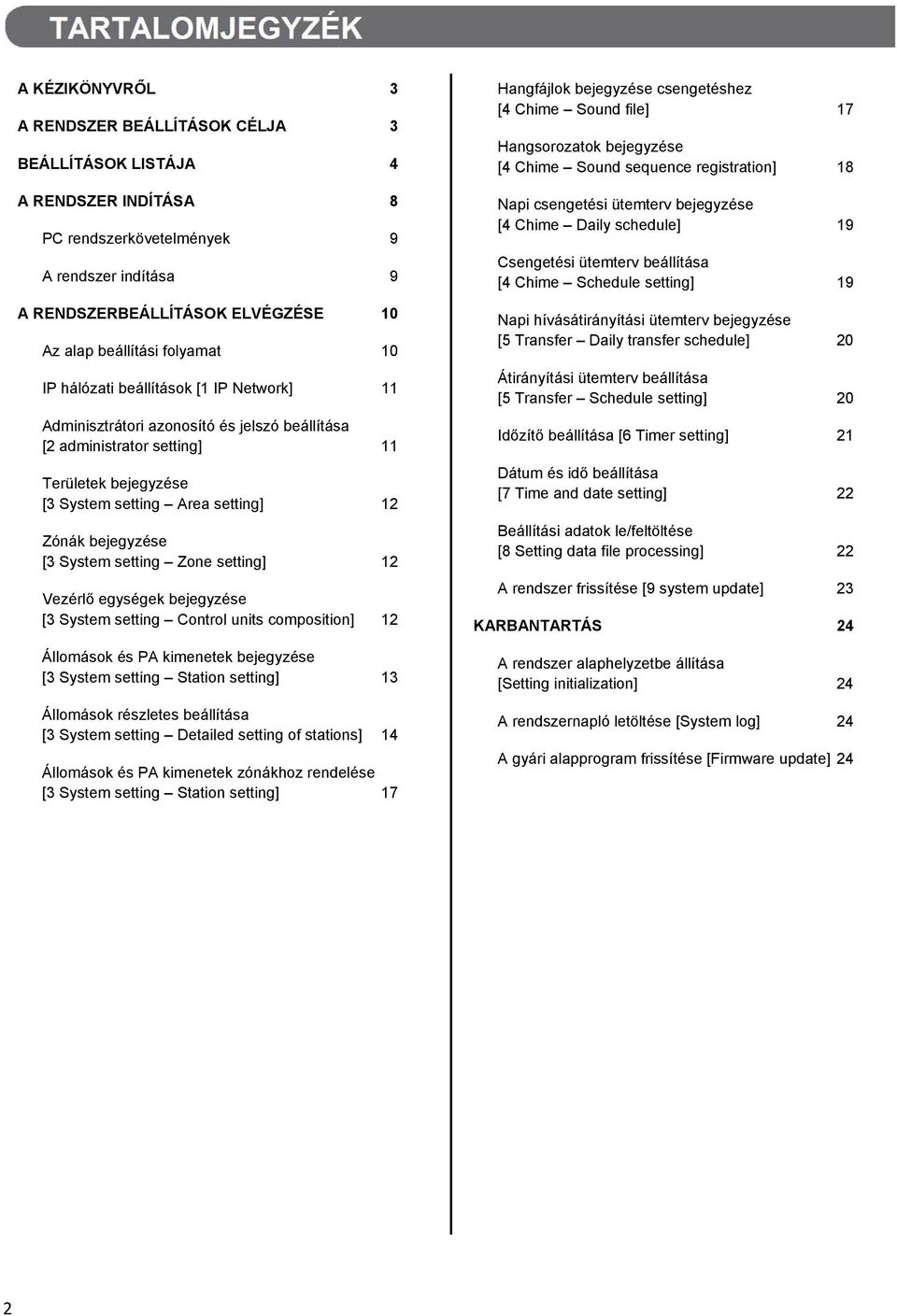 Zone setting] Vezérlő egységek bejegyzése [ System setting Control units composition] Állomások és PA kimenetek bejegyzése [ System setting Station setting] Állomások részletes beállítása [ System