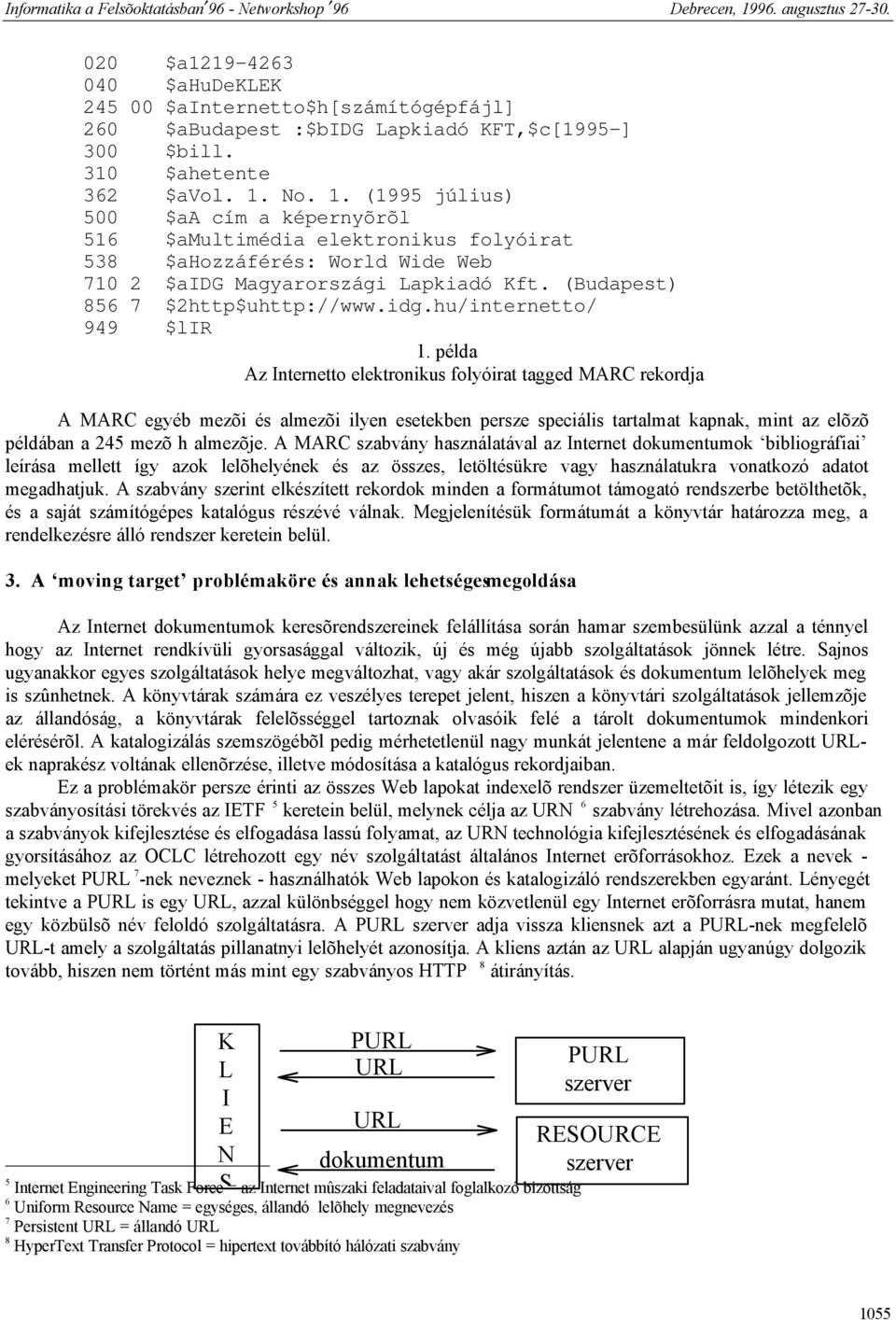 példa Az Internetto elektronikus folyóirat tagged MARC rekordja A MARC egyéb mezõi és almezõi ilyen esetekben persze speciális tartalmat kapnak, mint az elõzõ példában a 245 mezõ h almezõje.