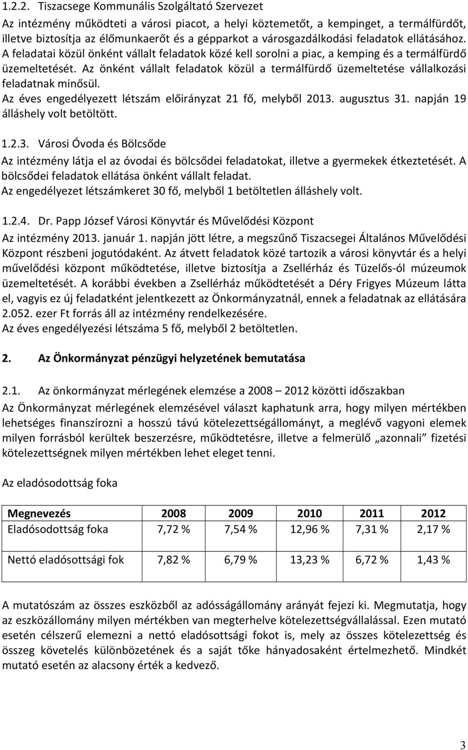 Az önként vállalt feladatok közül a termálfürdő üzemeltetése vállalkozási feladatnak minősül. Az éves engedélyezett létszám előirányzat 21 fő, melyből 2013. augusztus 31.