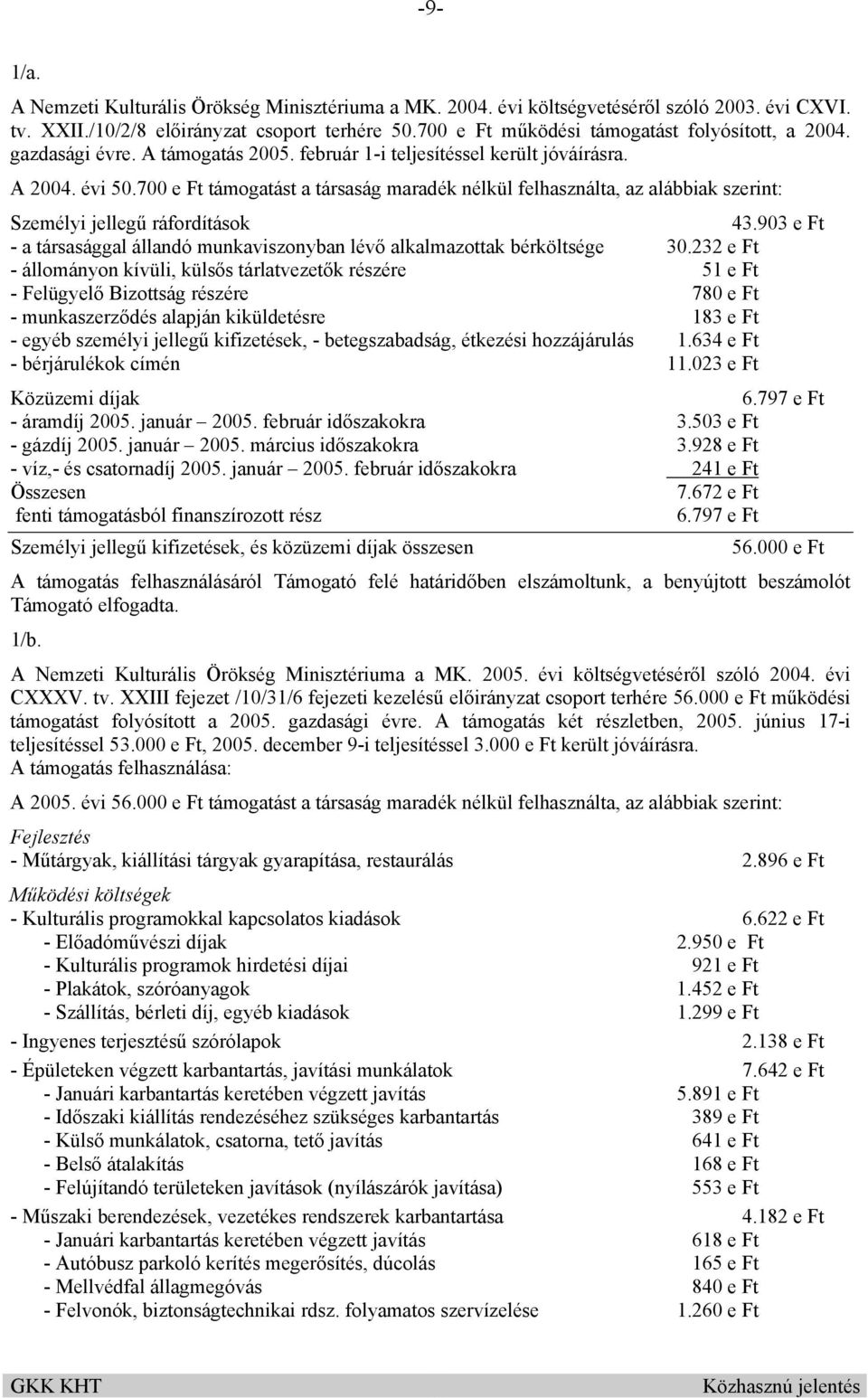 700 e Ft támogatást a társaság maradék nélkül felhasználta, az alábbiak szerint: Személyi jellegű ráfordítások 43.903 e Ft - a társasággal állandó munkaviszonyban lévő alkalmazottak bérköltsége 30.