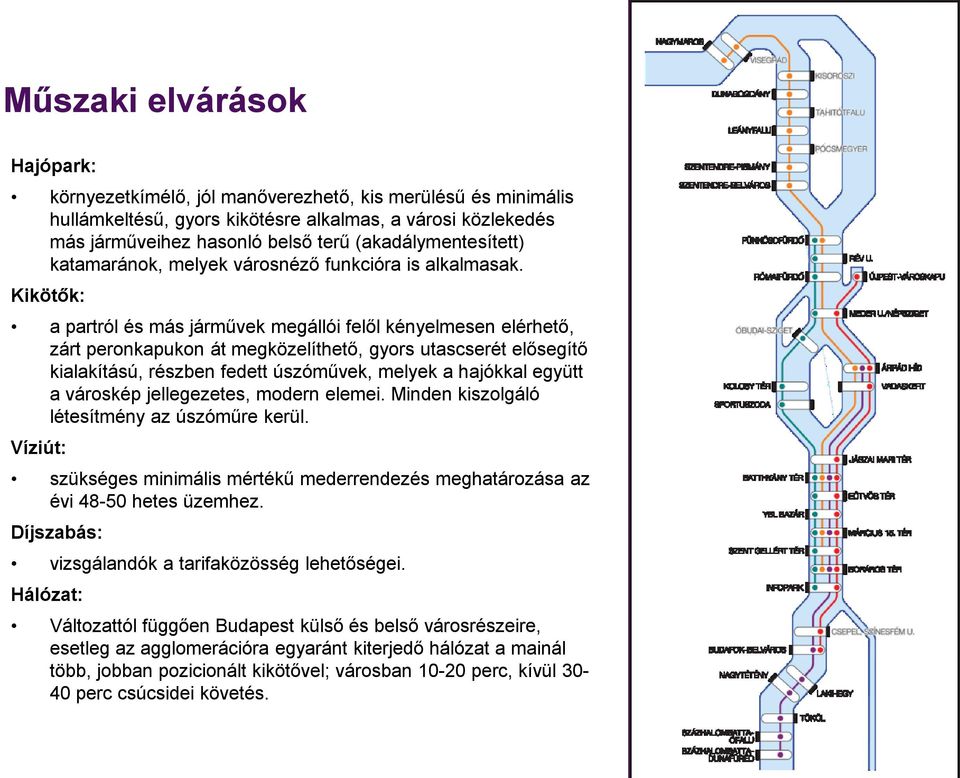 Kikötők: a partról és más járművek megállói felől kényelmesen elérhető, zárt peronkapukon át megközelíthető, gyors utascserét elősegítő kialakítású, részben fedett úszóművek, melyek a hajókkal együtt