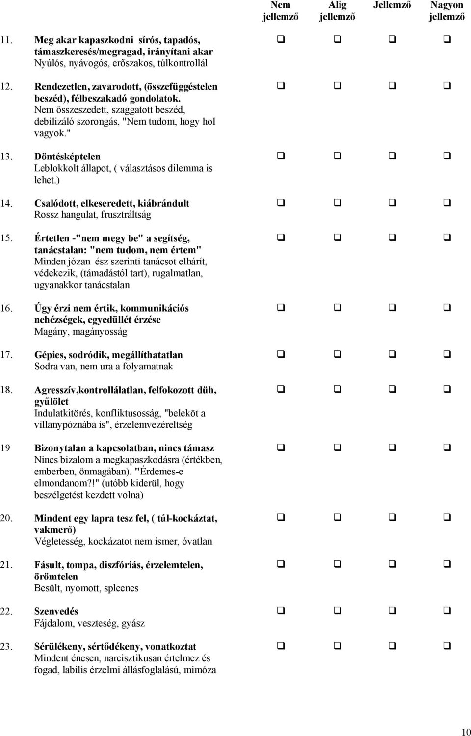 Döntésképtelen Leblokkolt állapot, ( választásos dilemma is lehet.) 14. Csalódott, elkeseredett, kiábrándult Rossz hangulat, frusztráltság 15.