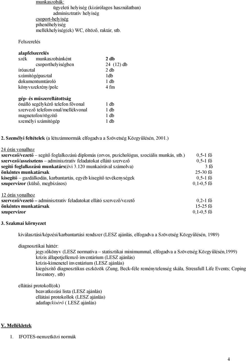 telefon fővonal szervező telefonvonal/mellékvonal magnetofon/rögzítő személyi számítógép 1 db 1 db 1 db 1 db 2. Személyi feltételek (a létszámnormák elfogadva a Szövetség Közgyűlésén, 2001.