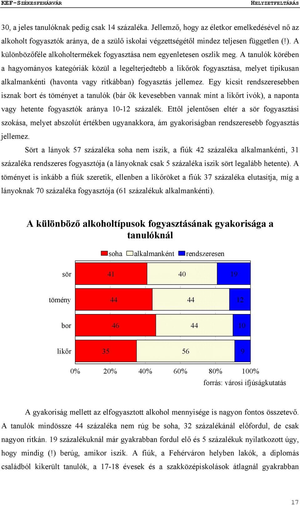 A tanulók körében a hagyományos kategóriák közül a legelterjedtebb a likőrök fogyasztása, melyet tipikusan alkalmankénti (havonta vagy ritkábban) fogyasztás jellemez.