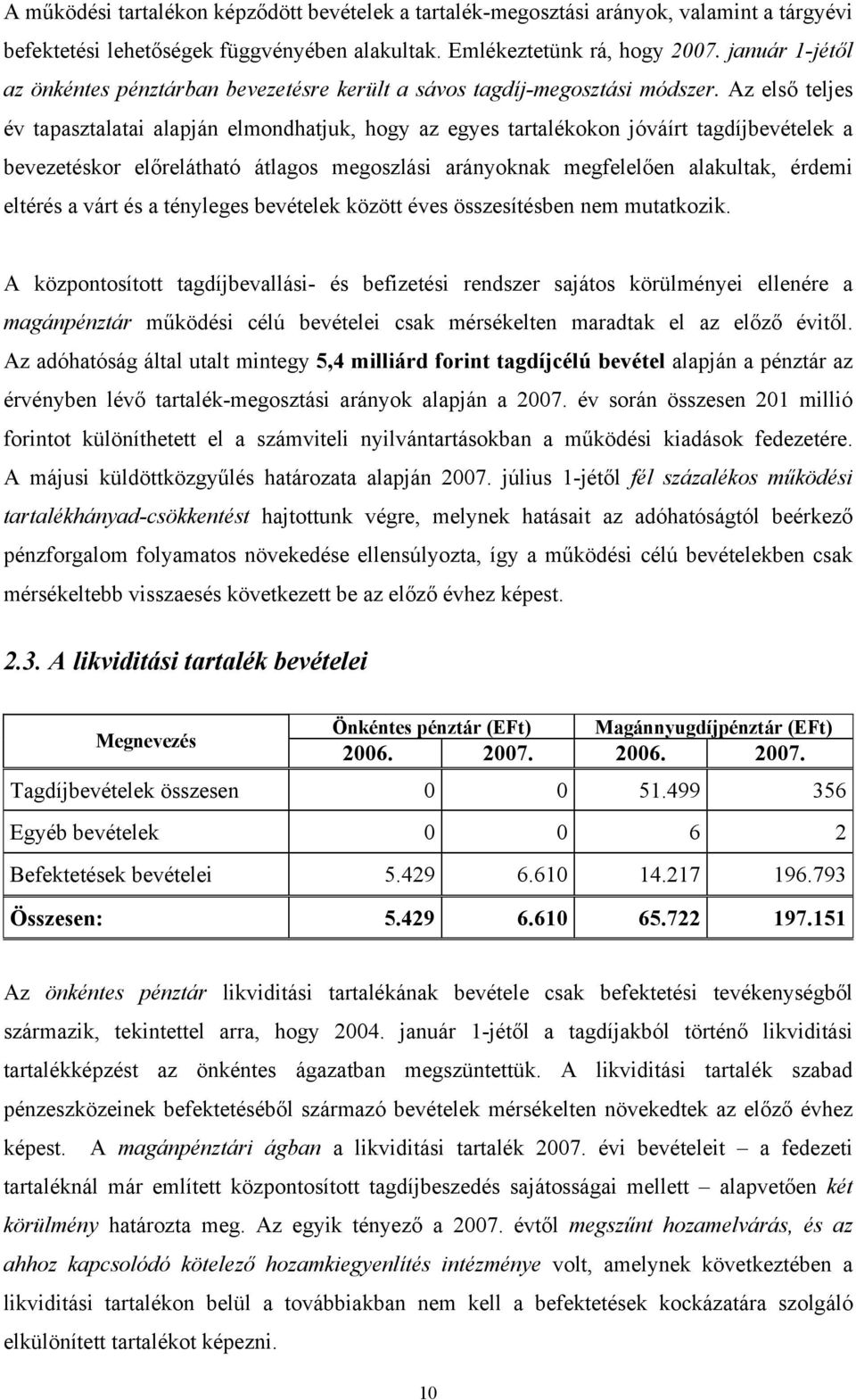 Az első teljes év tapasztalatai alapján elmondhatjuk, hogy az egyes tartalékokon jóváírt tagdíjbevételek a bevezetéskor előrelátható átlagos megoszlási arányoknak megfelelően alakultak, érdemi