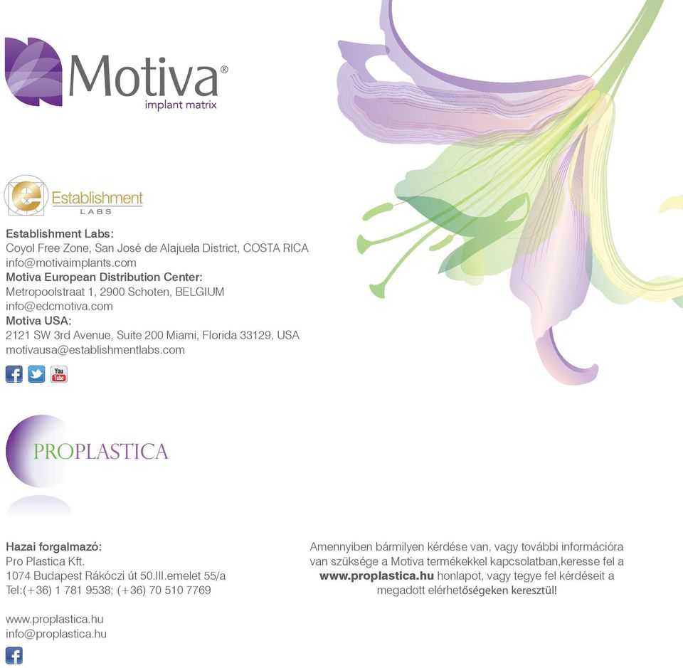 com Motiva USA: 2121 SW 3rd Avenue, Suite 200 Miami, Florida 33129, USA motivausa@establishmentlabs.com Hazai forgalmazó: Pro Plastica Kft. 1074 Budapest Rákóczi út 50.