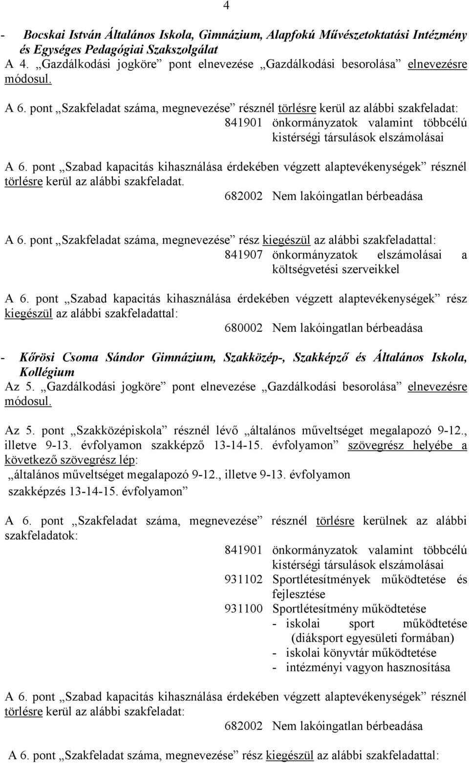 pont Szakfeladat száma, megnevezése résznél törlésre kerül az alábbi szakfeladat: 841901 önkormányzatok valamint többcélú kistérségi társulások elszámolásai A 6.