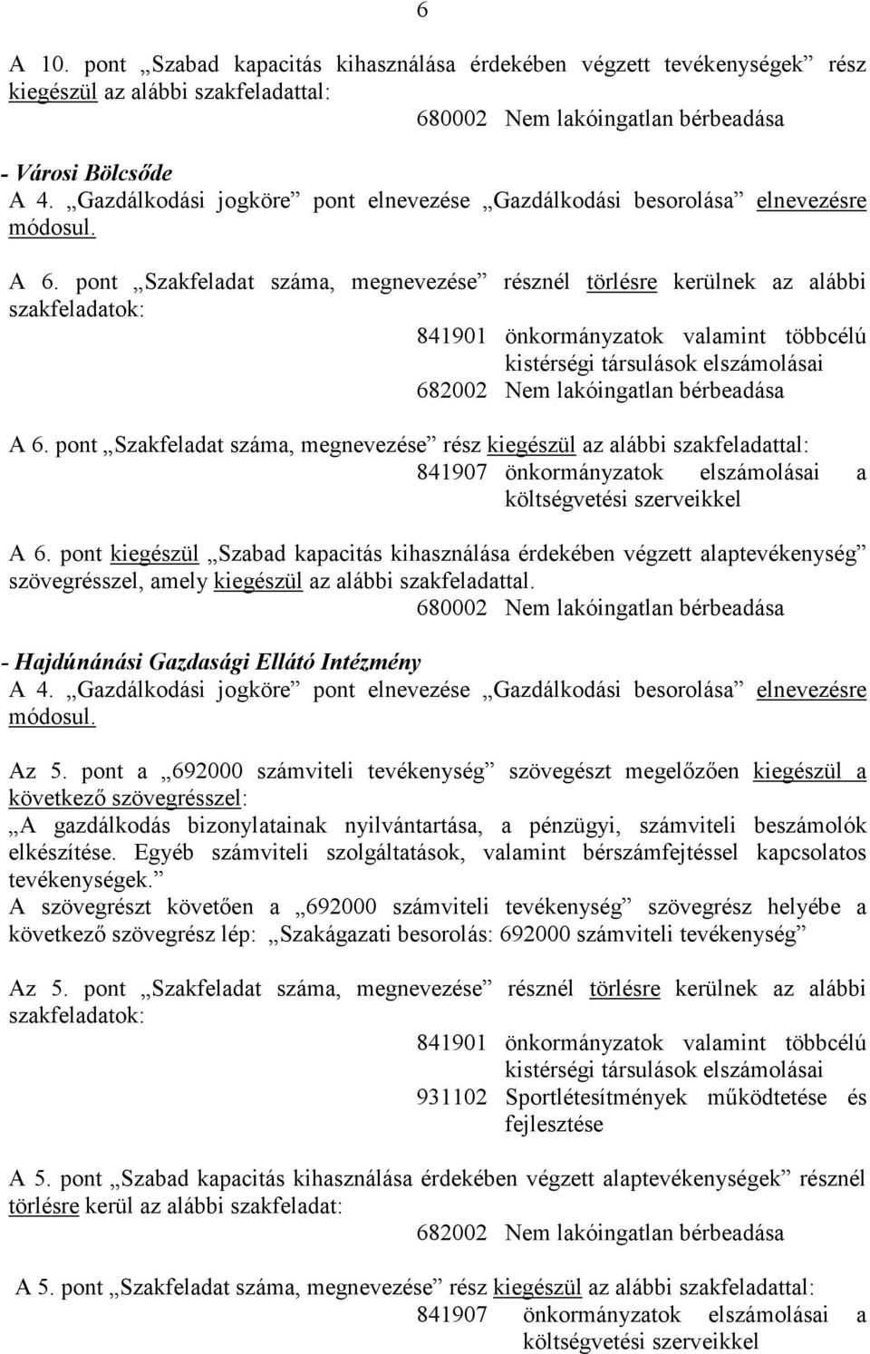 pont Szakfeladat száma, megnevezése résznél törlésre kerülnek az alábbi szakfeladatok: 841901 önkormányzatok valamint többcélú kistérségi társulások elszámolásai 682002 Nem lakóingatlan bérbeadása A