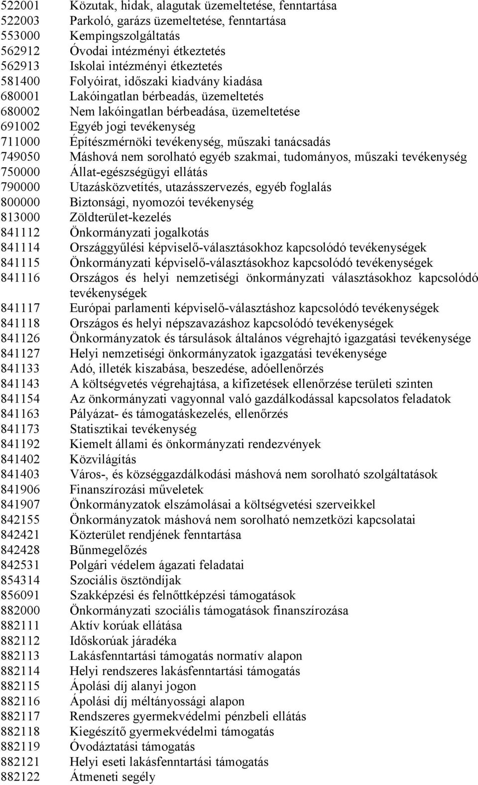 tevékenység, műszaki tanácsadás 749050 Máshová nem sorolható egyéb szakmai, tudományos, műszaki tevékenység 750000 Állat-egészségügyi ellátás 790000 Utazásközvetítés, utazásszervezés, egyéb foglalás