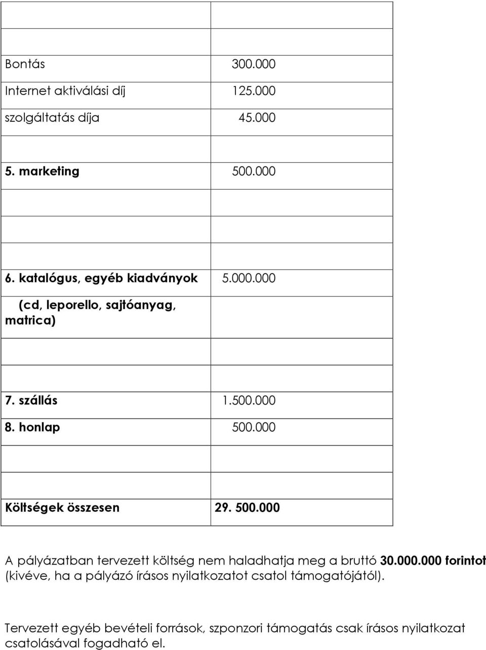 000 Költségek összesen 29. 500.000 A pályázatban tervezett költség nem haladhatja meg a bruttó 30.000.000 forintot (kivéve, ha a pályázó írásos nyilatkozatot csatol támogatójától).