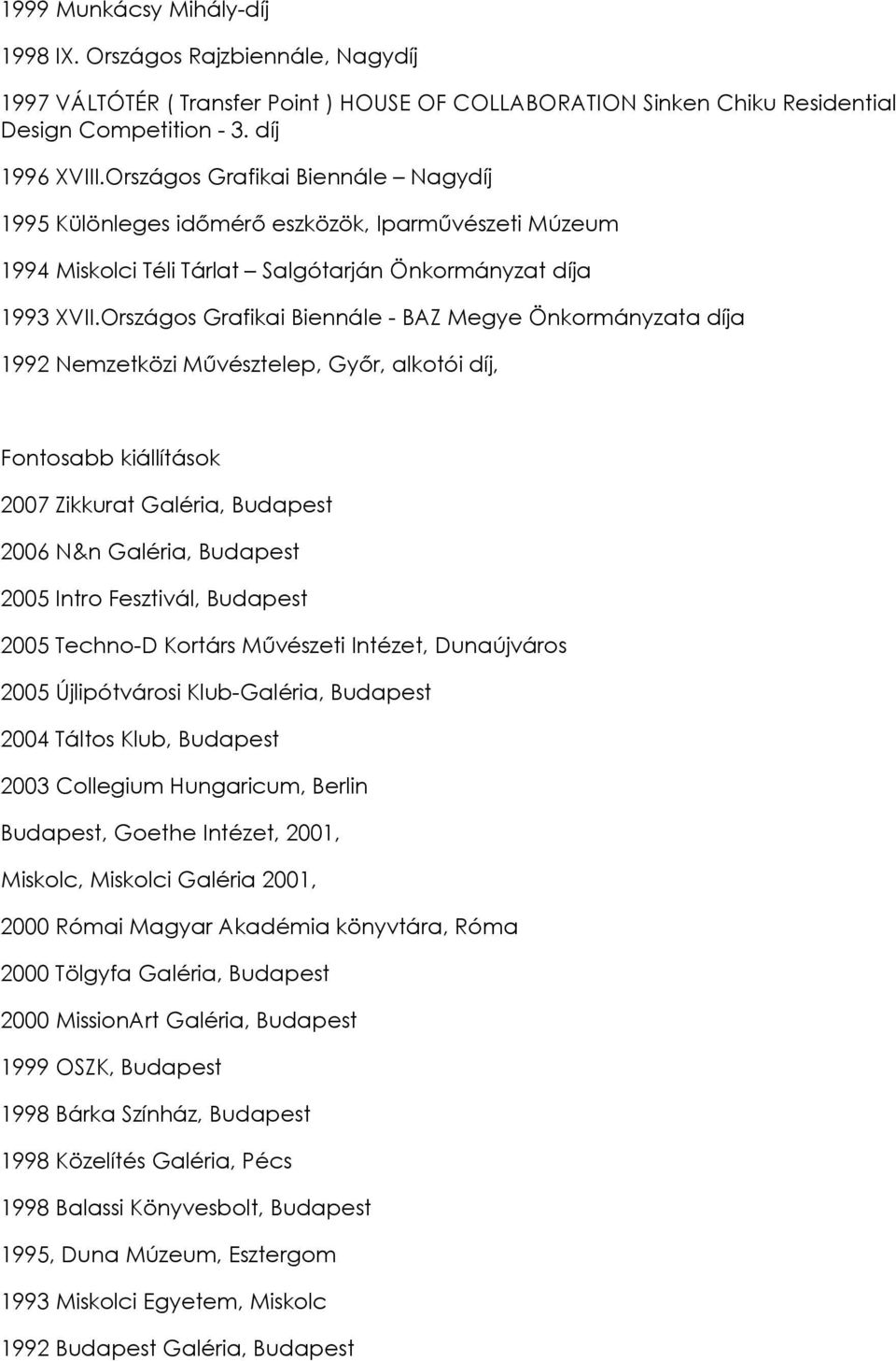 Országos Grafikai Biennále - BAZ Megye Önkormányzata díja 1992 Nemzetközi Művésztelep, Győr, alkotói díj, Fontosabb kiállítások 2007 Zikkurat Galéria, Budapest 2006 N&n Galéria, Budapest 2005 Intro