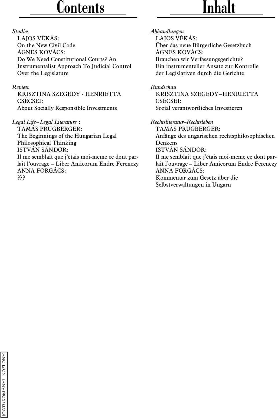 PRUGBERGER: The Beginnings of the Hungarian Legal Philosophical Thinking ISTVÁN SÁNDOR: Il me semblait que j étais moi-meme ce dont parlait l ouvrage Liber Amicorum Endre Ferenczy ANNA FORGÁCS:?