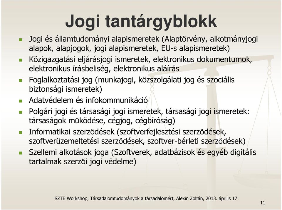 Adatvédelem és infokommunikáció Polgári jogi és társasági jogi ismeretek, társasági jogi ismeretek: társaságok működése, cégjog, cégbíróság) Informatikai szerződések