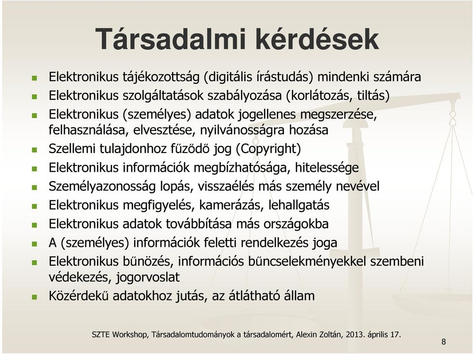 megbízhatósága, hitelessége Személyazonosság lopás, visszaélés más személy nevével Elektronikus megfigyelés, kamerázás, lehallgatás Elektronikus adatok továbbítása más