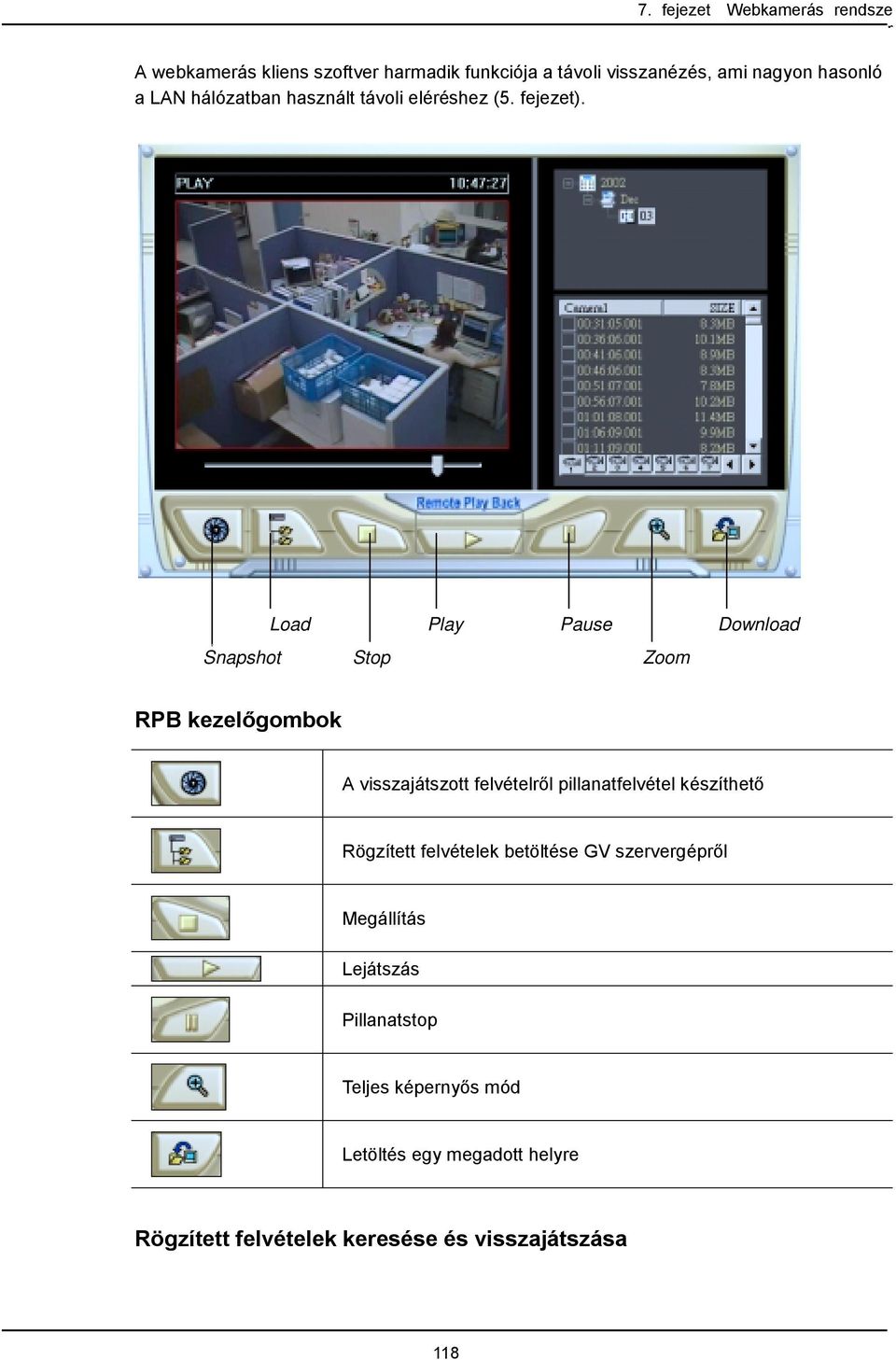 Load Play Pause Download Snapshot Stop Zoom RPB kezelőgombok A visszajátszott felvételről pillanatfelvétel készíthető