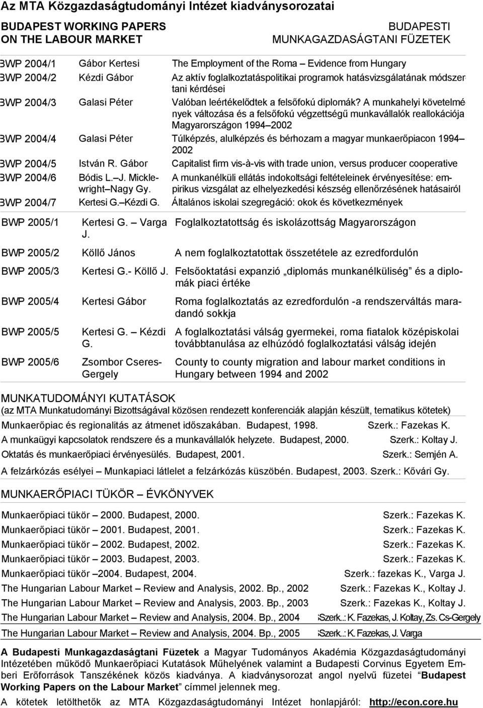 A munkahelyi követelmények változása és a felsőfokú végzettségű munkavállalók reallokációja Magyarországon 1994 2002 BWP 2004/4 Galasi Péter Túlképzés, alulképzés és bérhozam a magyar munkaerőpiacon