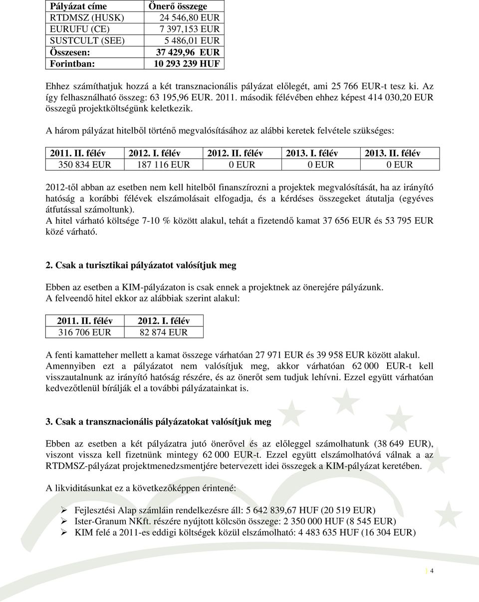 A három pályázat hitelből történő megvalósításához az alábbi keretek felvétele szükséges: 2011. II.