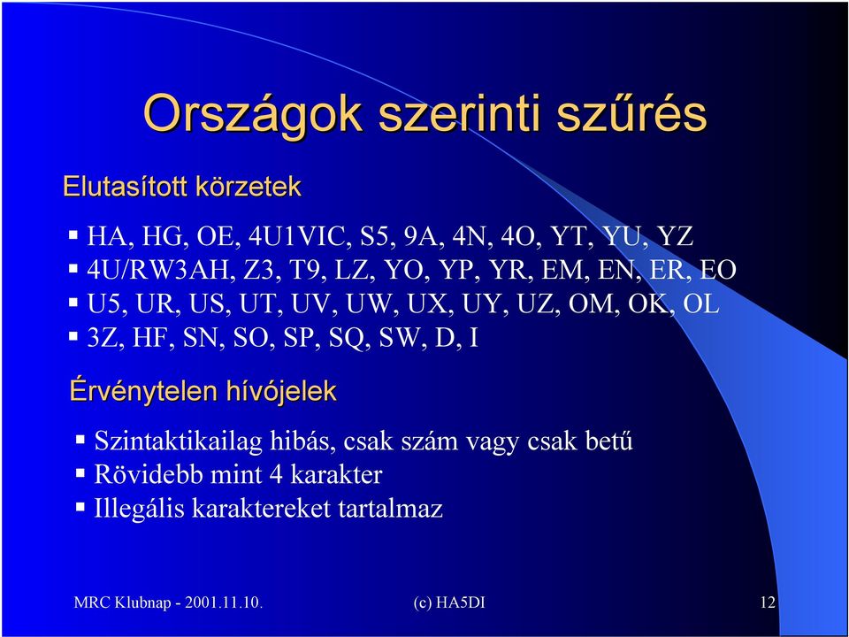 3Z, HF, SN, SO, SP, SQ, SW, D, I Érvénytelen hívójelek Szintaktikailag hibás, csak szám vagy