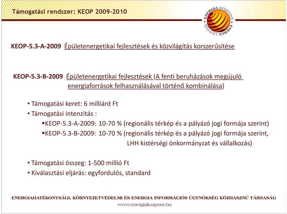 milliárd Ft Támogatási intenzitás : KEOP-5.3-A-2009: 10-70 %(regionális térkép és a pályázó jogi formája szerint) KEOP-5.