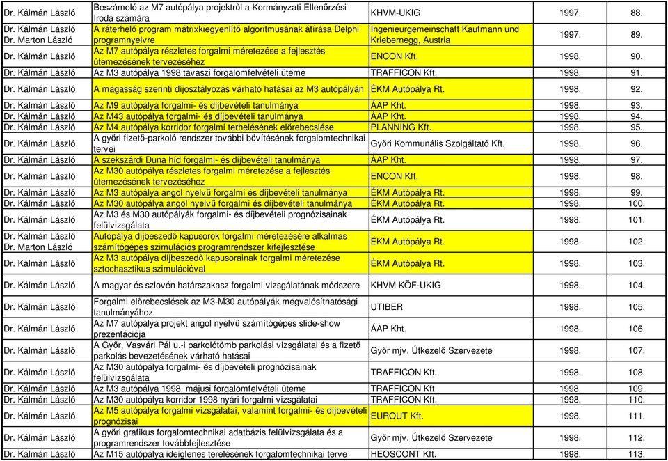 Az M7 autópálya részletes forgalmi méretezése a fejlesztés ütemezésének tervezéséhez ENCON Kft. 1998. 90. Az M3 autópálya 1998 tavaszi forgalomfelvételi üteme TRAFFICON Kft. 1998. 91.