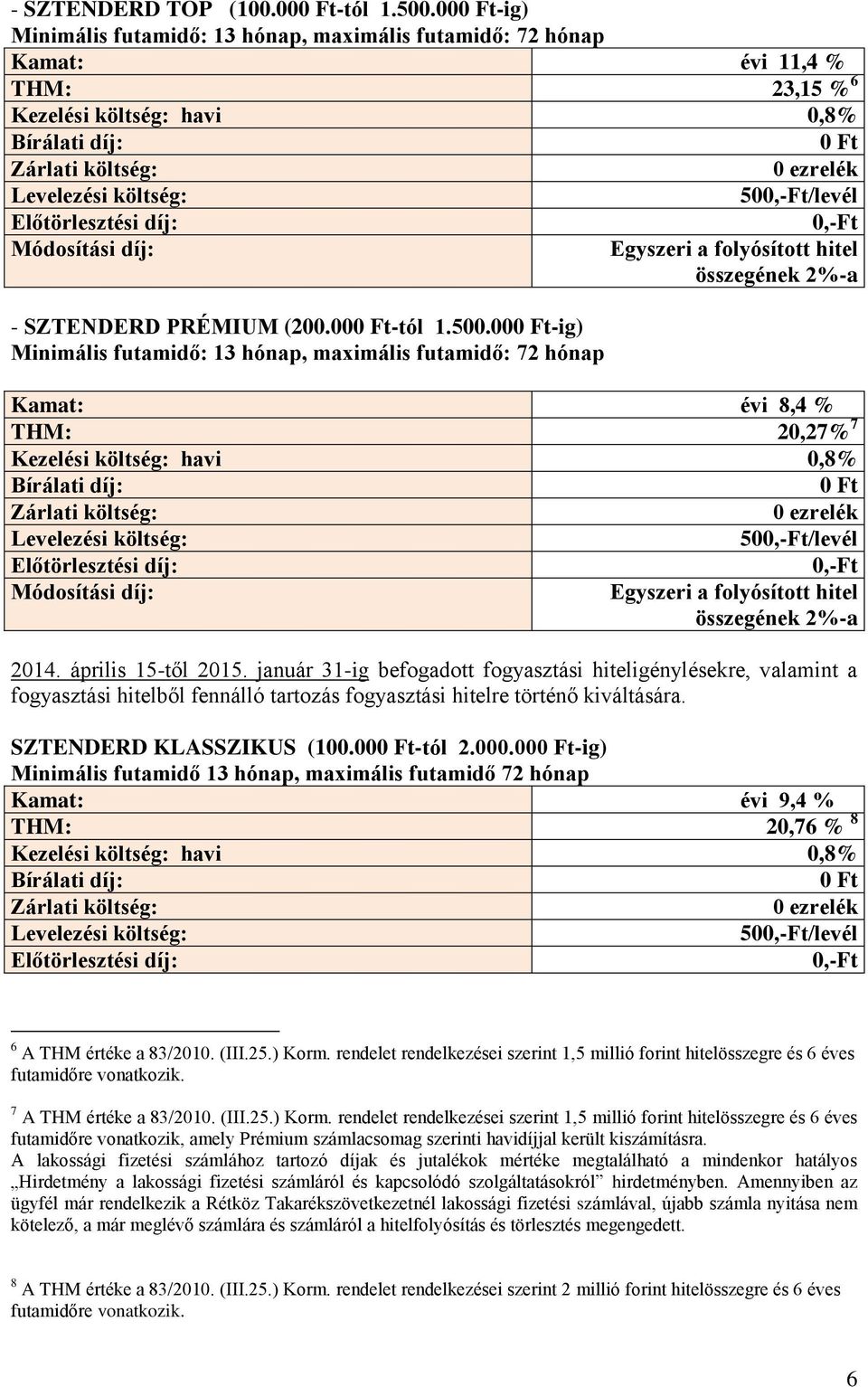 00-ig) Minimális futamidő: 13 hónap, maximális futamidő: 72 hónap Egyszeri a folyósított hitel Kamat: évi 8,4 % THM: 20,27% 7 50/levél Egyszeri a folyósított hitel 2014. április 15-től 2015.