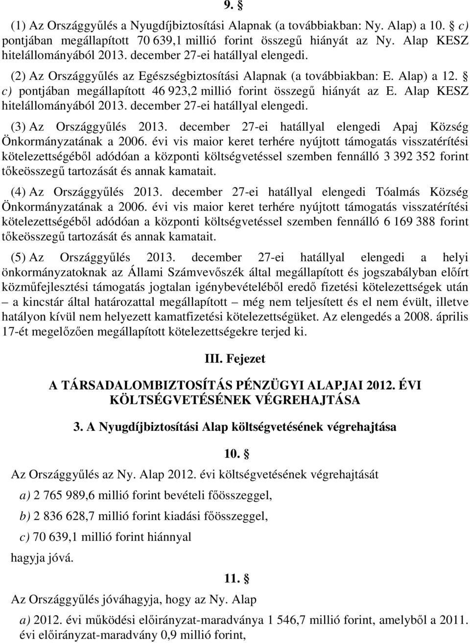 Alap KESZ hitelállományából 2013. december 27-ei hatállyal elengedi. (3) Az Országgyűlés 2013. december 27-ei hatállyal elengedi Apaj Község Önkormányzatának a 2006.