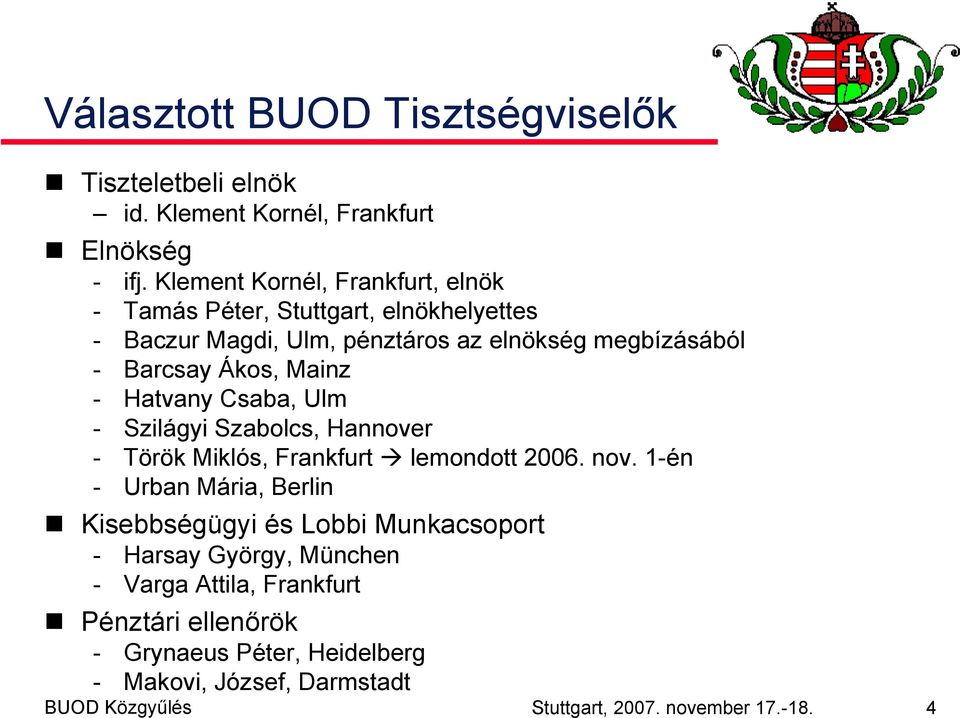 Mainz - Hatvany Csaba, Ulm - Szilágyi Szabolcs, Hannover - Török Miklós, Frankfurt lemondott 2006. nov.