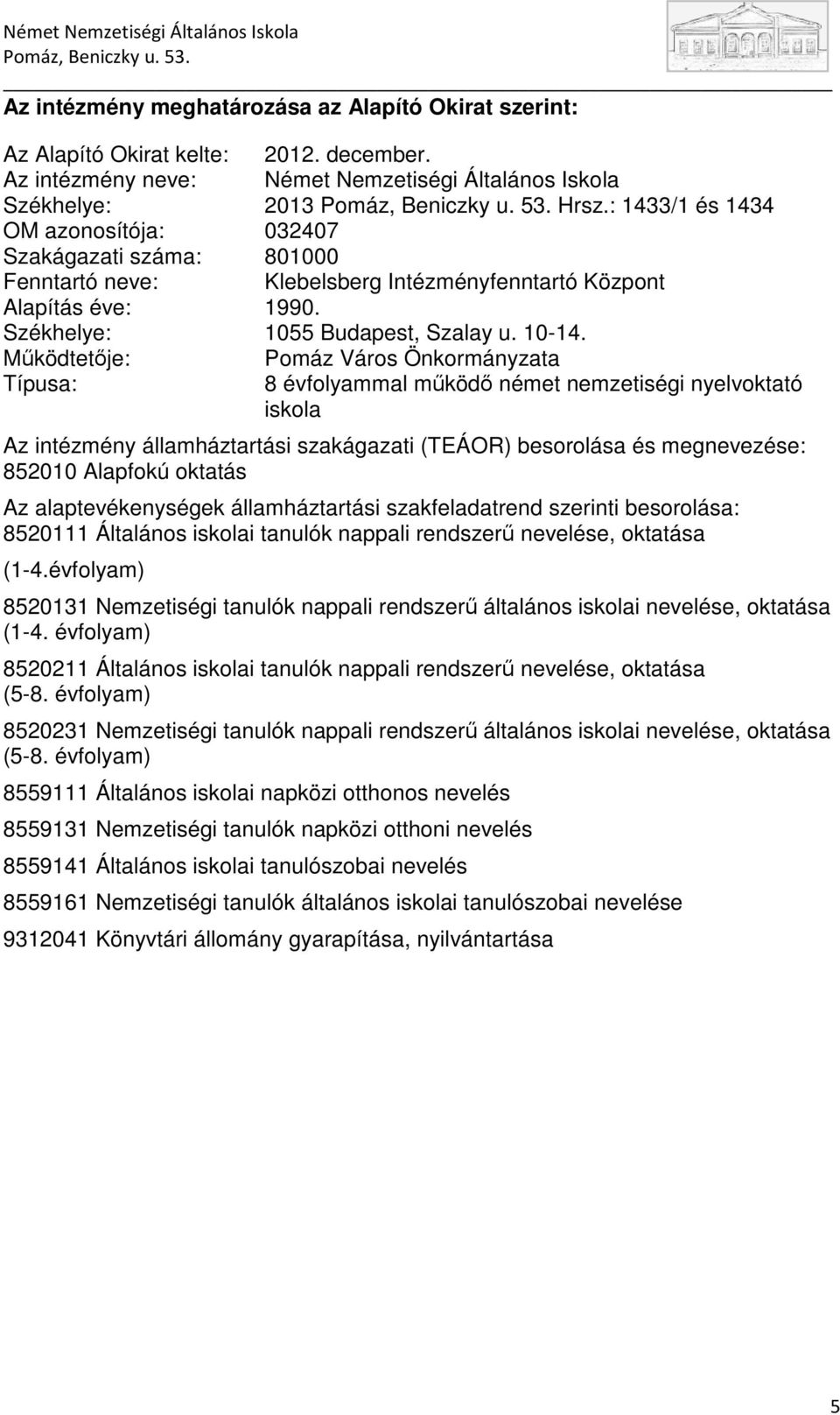 Mőködtetıje: Pomáz Város Önkormányzata Típusa: 8 évfolyammal mőködı német nemzetiségi nyelvoktató iskola Az intézmény államháztartási szakágazati (TEÁOR) besorolása és megnevezése: 852010 Alapfokú