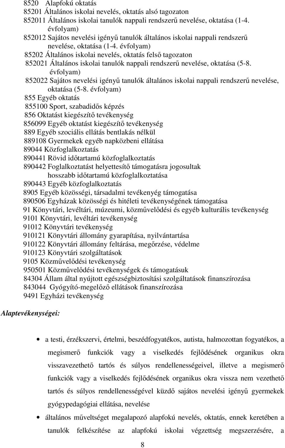 évfolyam) 85202 Általános iskolai nevelés, oktatás felső tagozaton 852021 Általános iskolai tanulók nappali rendszerű nevelése, oktatása (5-8.