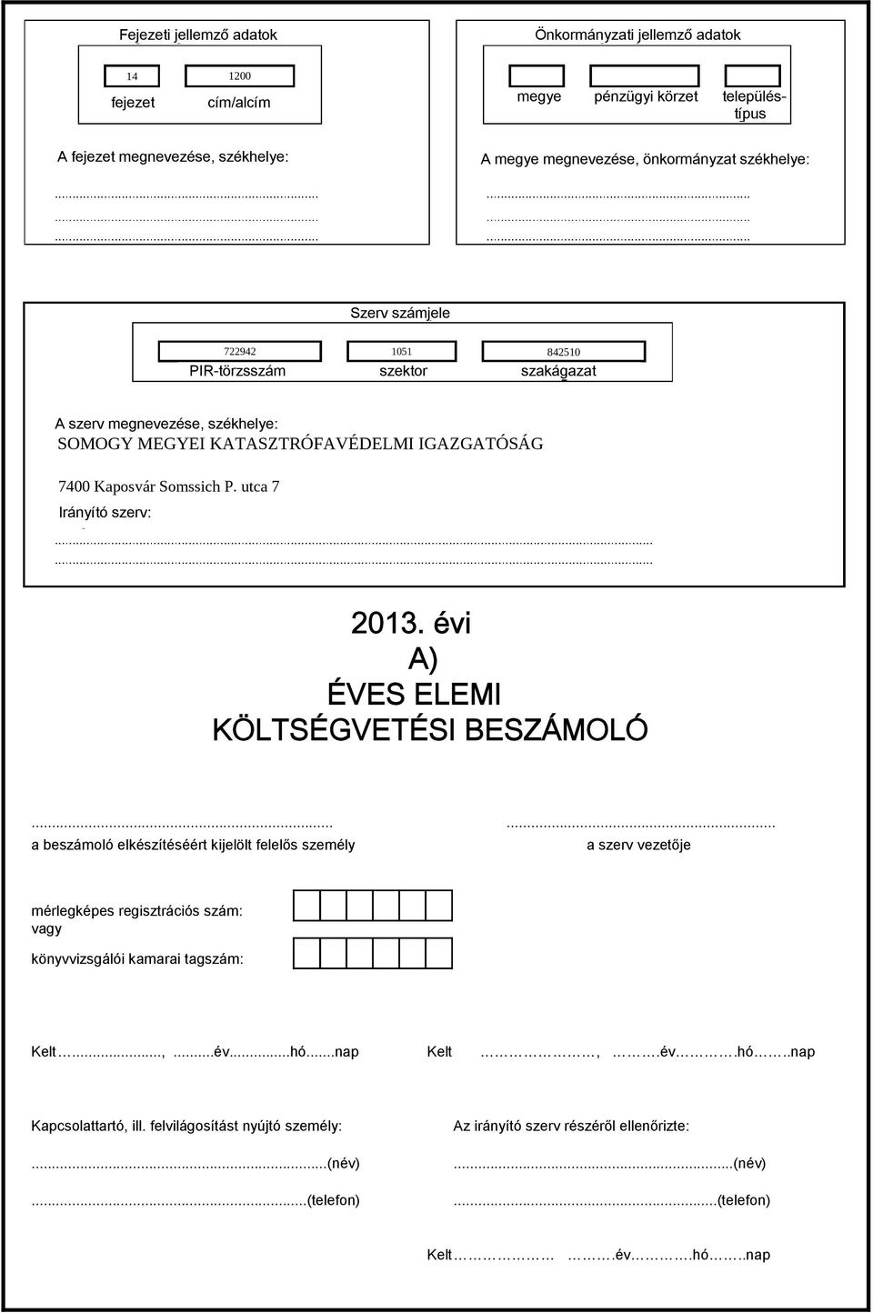 ................. Szerv számjele 722942 1051 842510 PIR-törzsszám szektor szakágazat A szerv megnevezése, székhelye: szerv megnevezése, székhelye: SOMOGY... MEGYEI KATASZTRÓFAVÉDELMI IGAZGATÓSÁG.