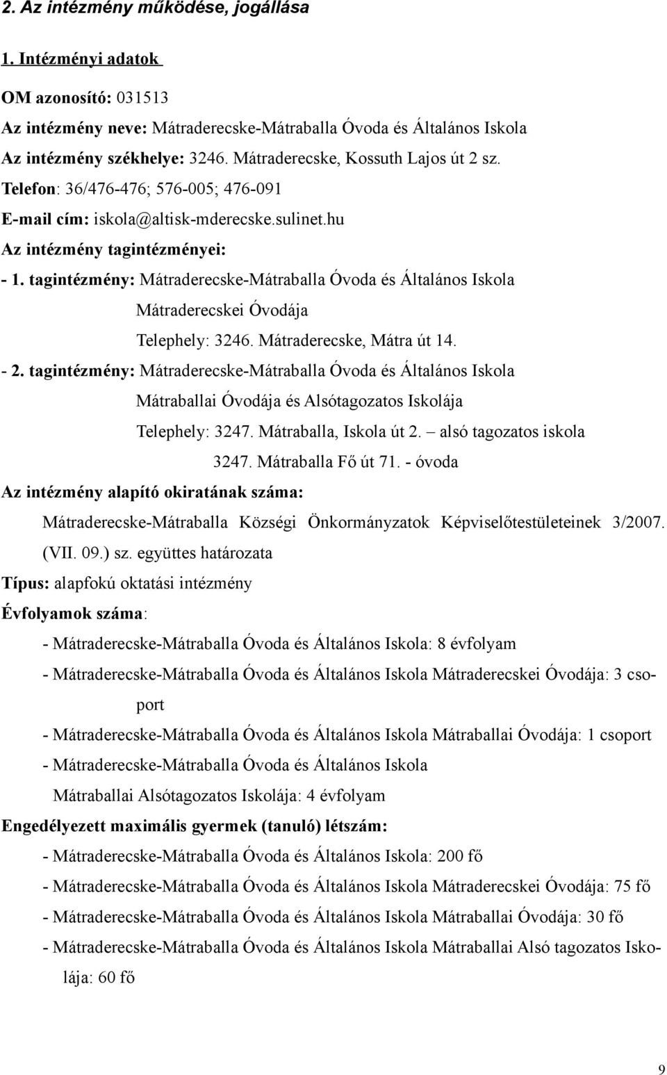 tagintézmény: Mátraderecske-Mátraballa Óvoda és Általános Iskola Mátraderecskei Óvodája Telephely: 3246. Mátraderecske, Mátra út 14. - 2.