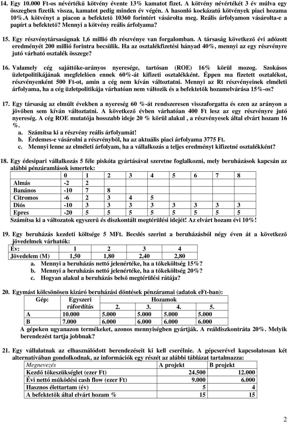 Egy részvénytársaságnak 1,6 millió db részvénye van forgalomban. A társaság következı évi adózott eredményét 200 millió forintra becsülik.