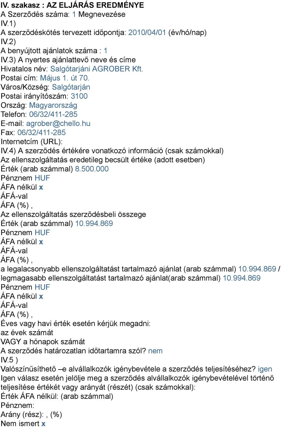 Város/Község: Salgótarján Postai irányítószám: 3100 Ország: Magyarország Telefon: 06/32/411-285 E-mail: agrober@chello.hu Fax: 06/32/411-285 Internetcím (URL): IV.