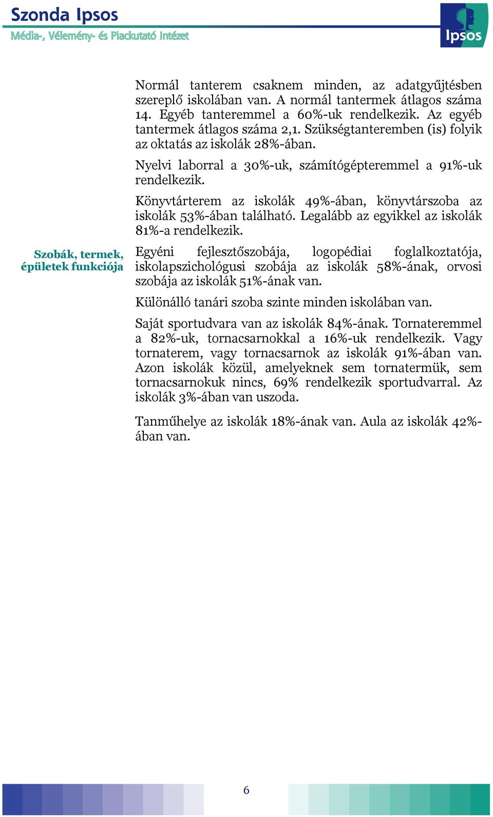 Könyvtárterem az iskolák 49%-ában, könyvtárszoba az iskolák 53%-ában található. Legalább az egyikkel az iskolák 81%-a rendelkezik.