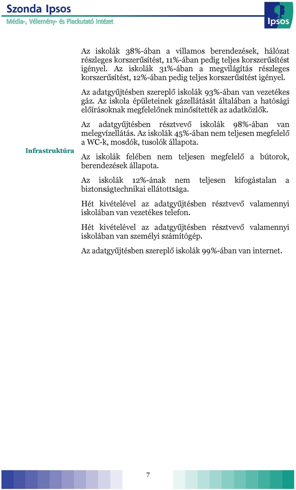 Az iskola épületeinek gázellátását általában a hatósági előírásoknak megfelelőnek minősítették az adatközlők. Infrastruktúra Az adatgyűjtésben résztvevő iskolák 98%-ában van melegvízellátás.