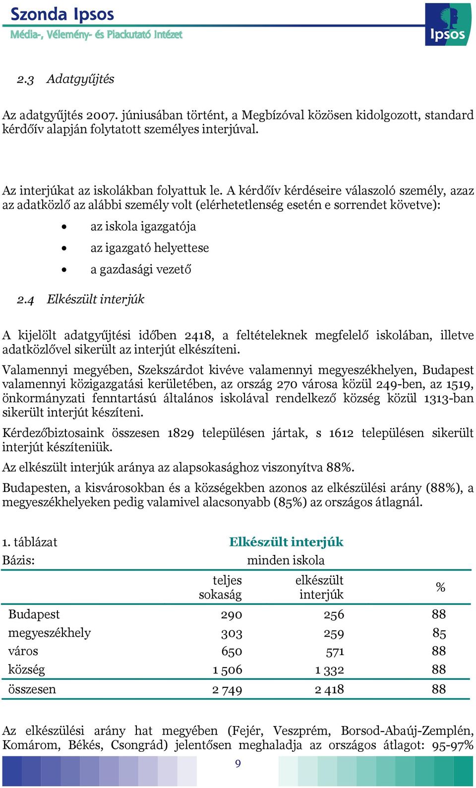 4 Elkészült interjúk A kijelölt adatgyűjtési időben 2418, a feltételeknek megfelelő iskolában, illetve adatközlővel sikerült az interjút elkészíteni.